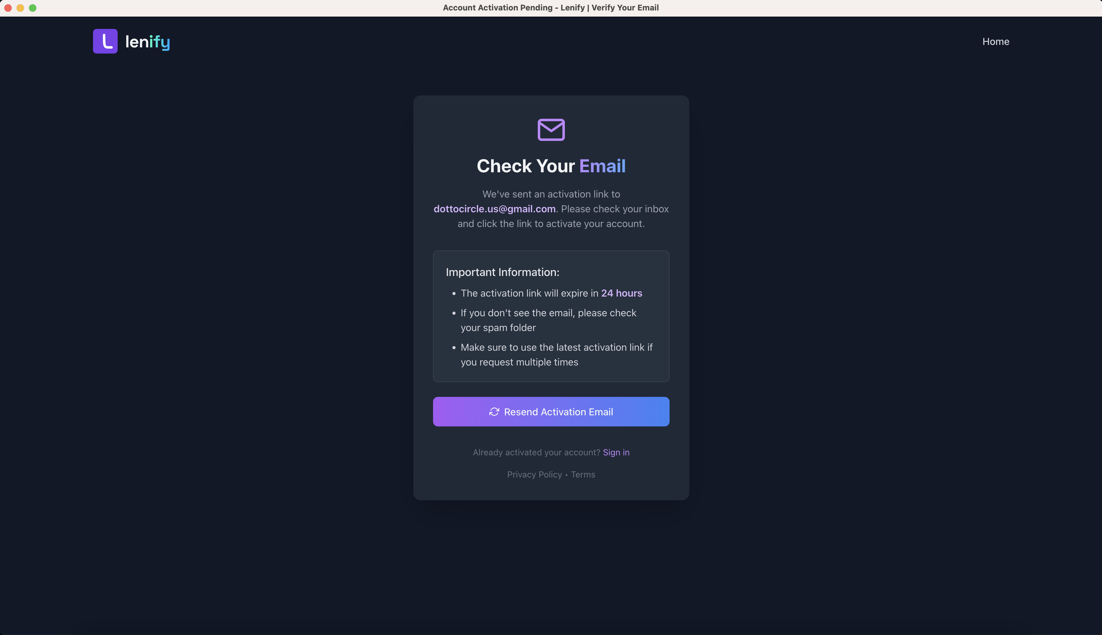 Lenify Account Activation